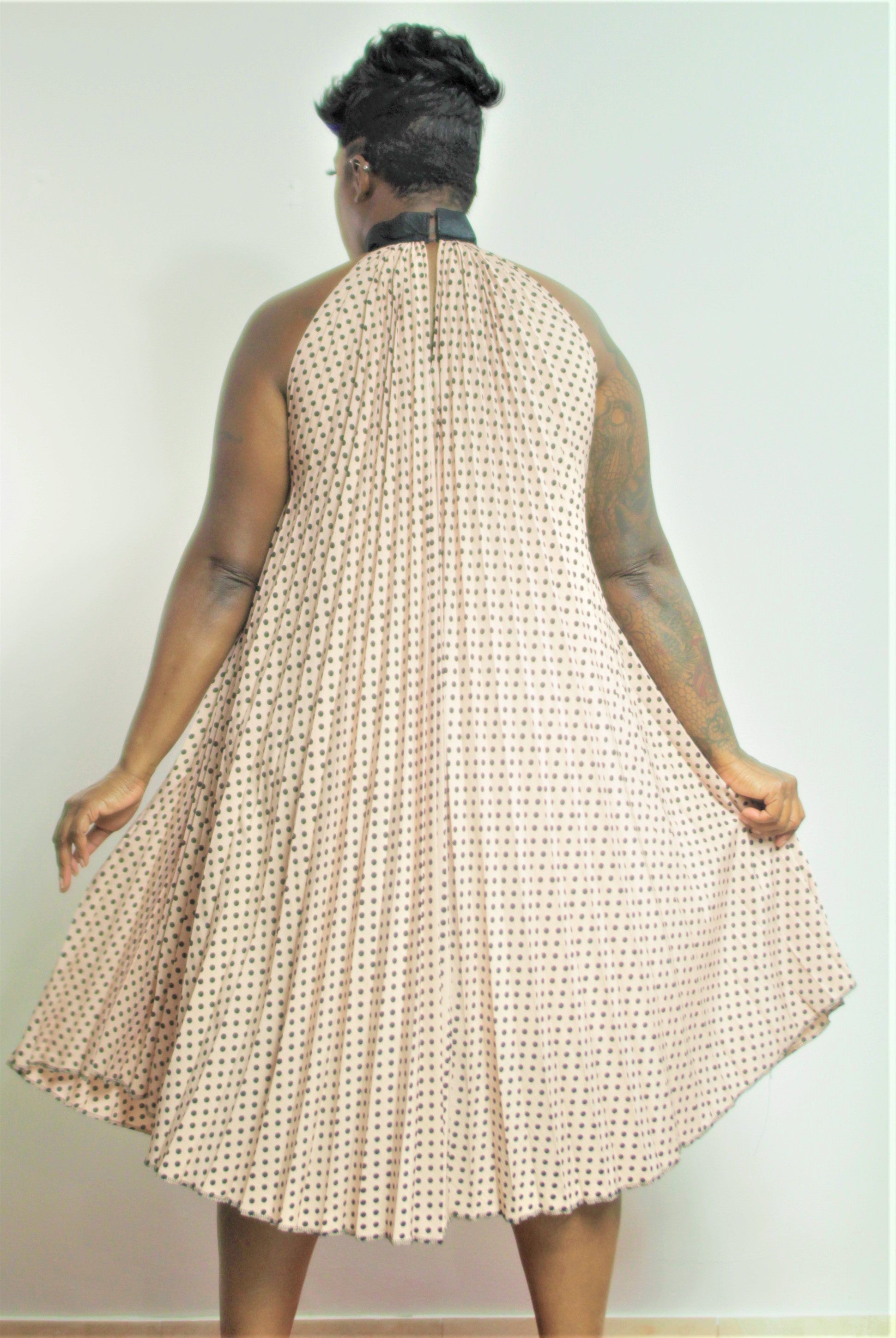 Pleated Black and beige Polka dot Dress | Bella Redd Collection Pleated Black and beige Polka dot Dress | Bella Redd Collection